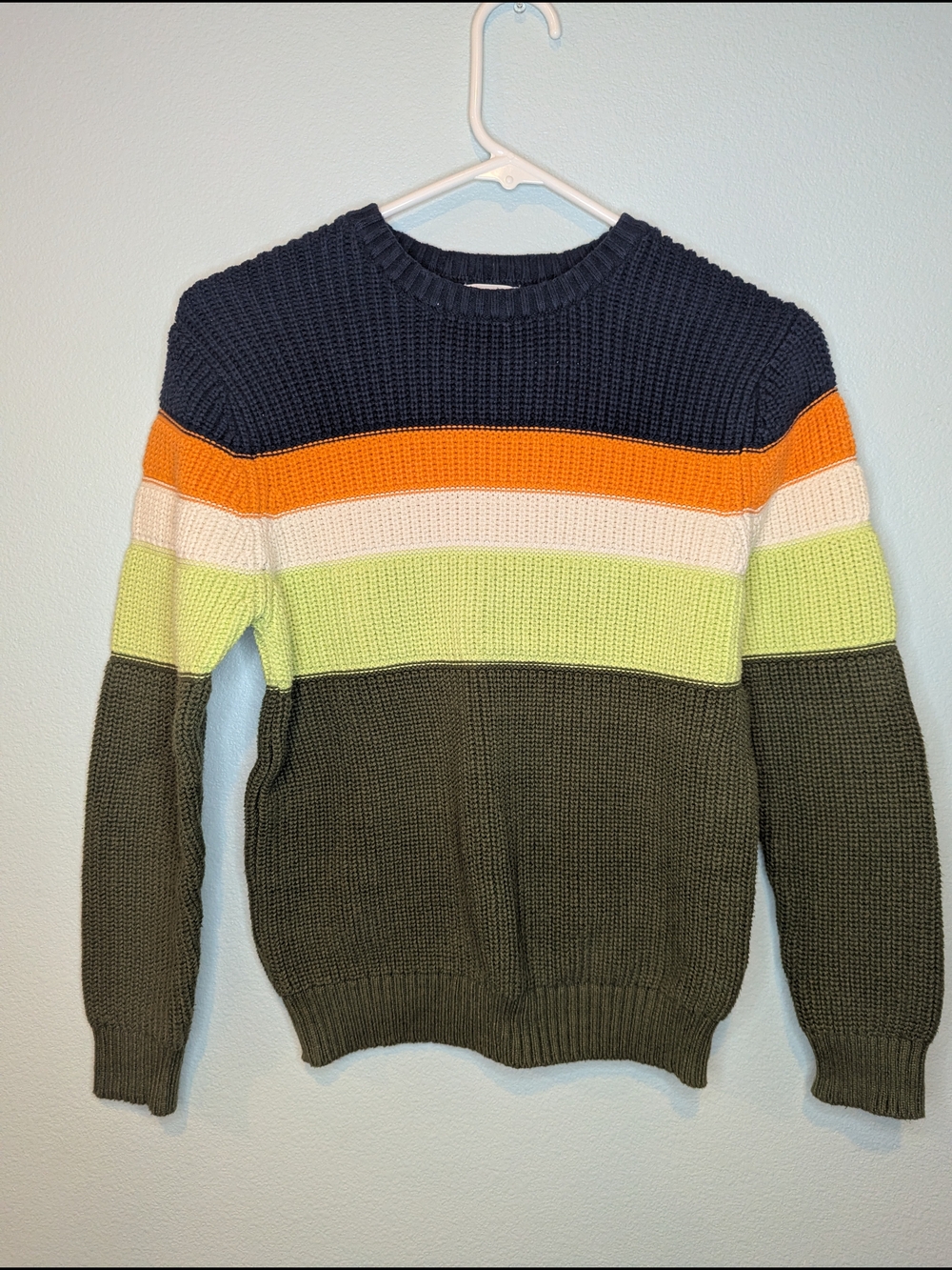 Colorblock Crewneck Sweater in Navy, Orange, Cream, Lime & Olive